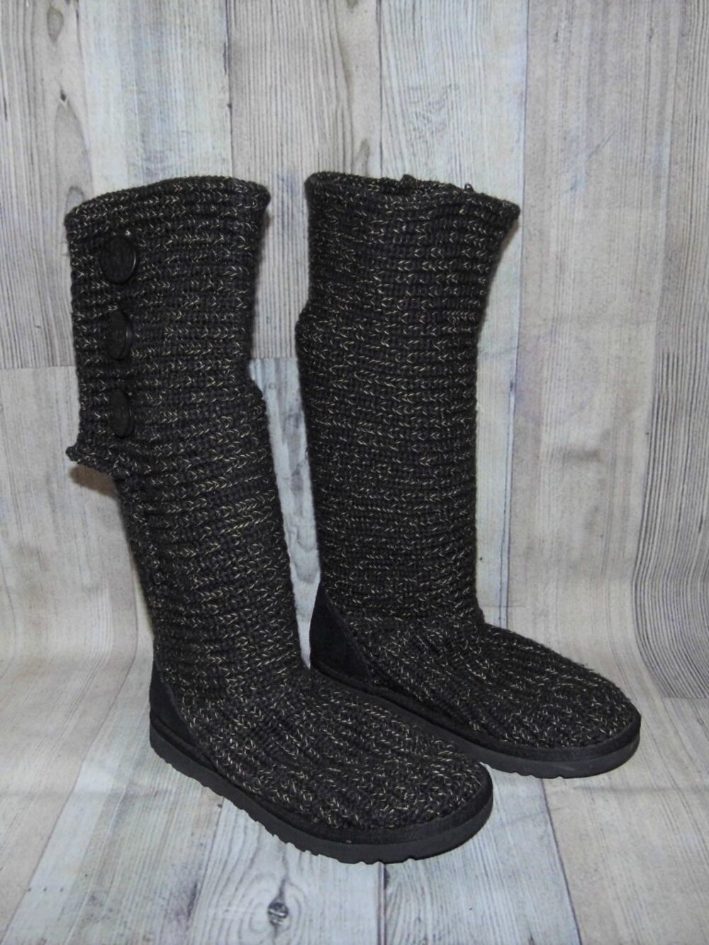 UGG Classic Cardy Black/Gold Knit/Sheepskin(Footbeds) Boots Womens Size 7